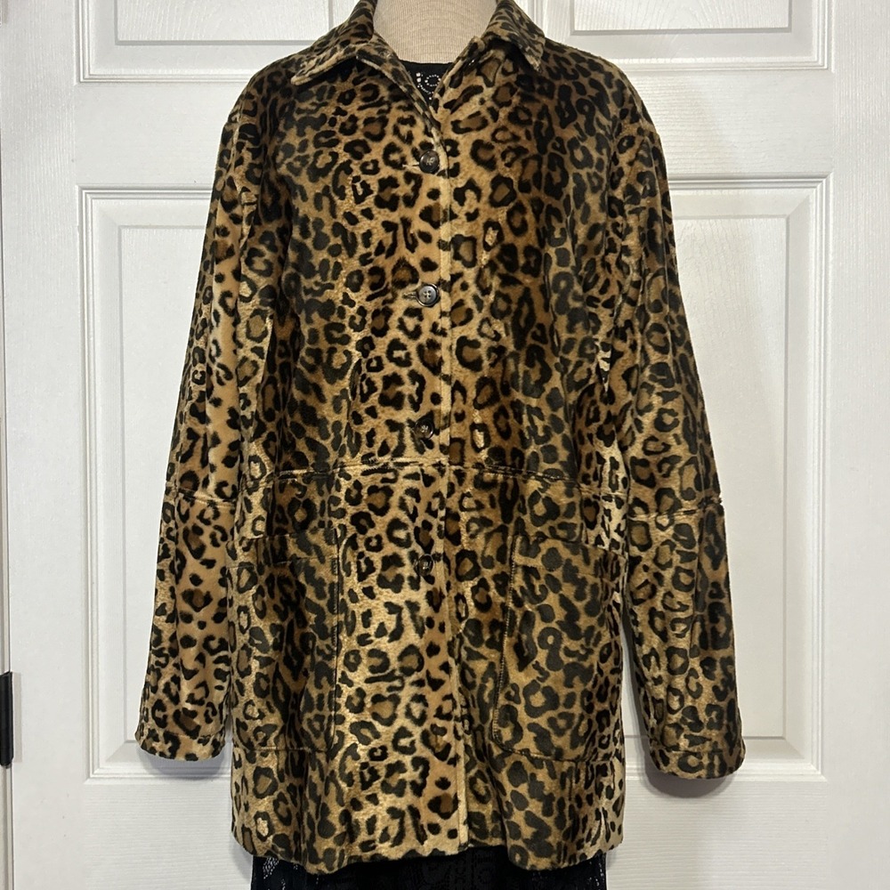 Karen Kane Animal Print Faux Fur Leopard Boxy Jacket Mob Wife Retro Classic Chic